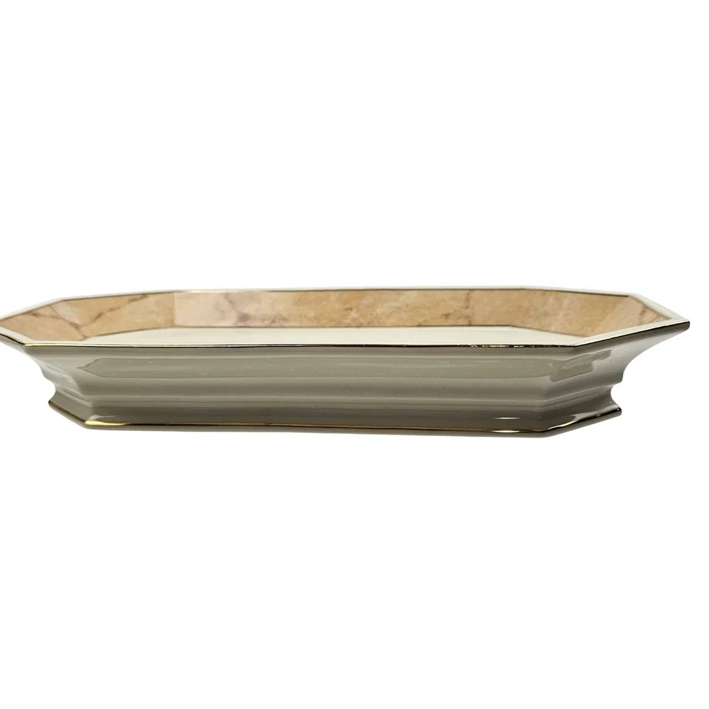 Octagonal Ceramic Serving Tray Marble Pattern Rim Gold Trim Cream Tan 11.5 inch